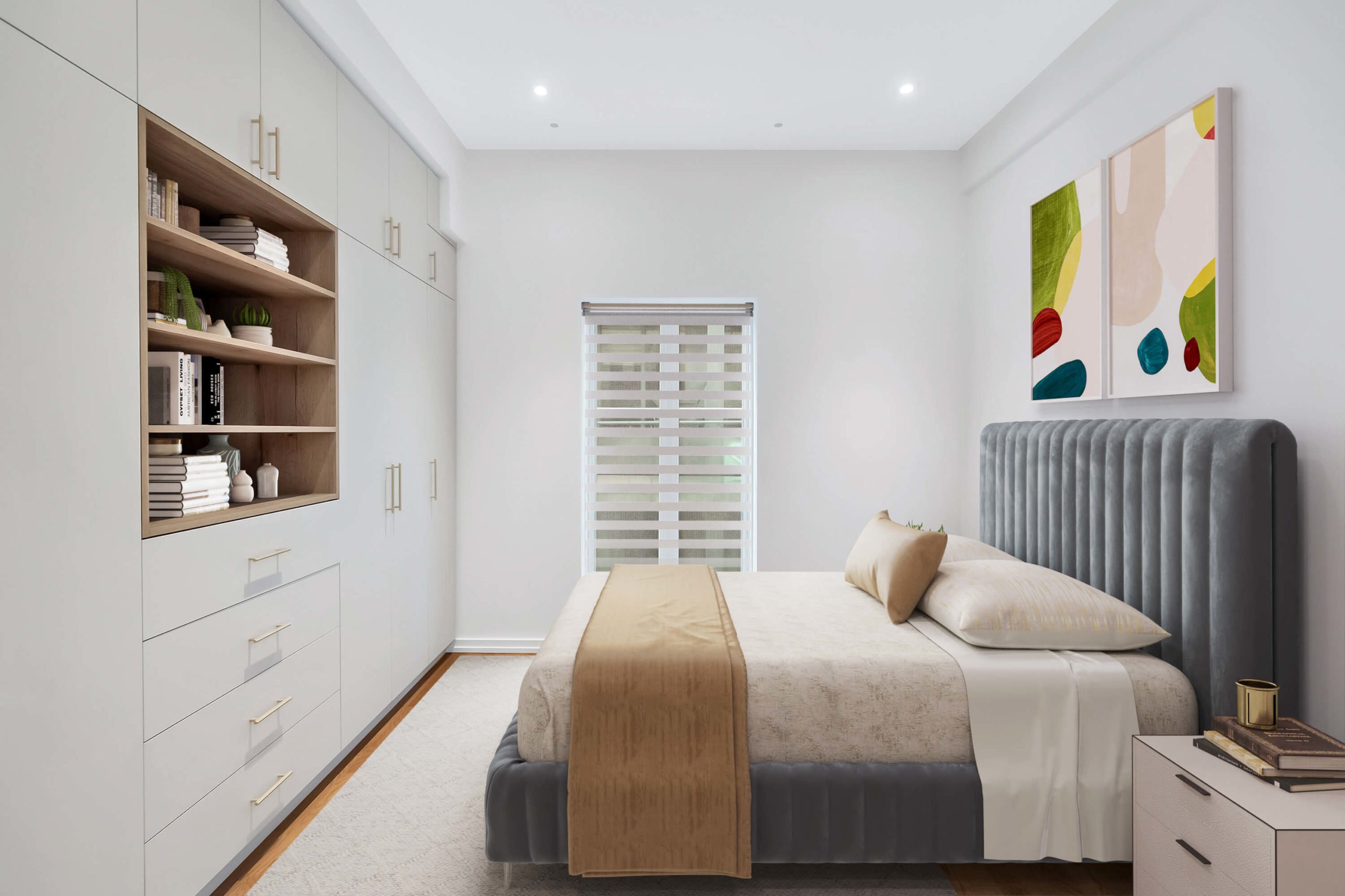 Stylish bedroom interior with a bed, dresser, and painting, exemplifying the elegance of Golden Bee Homes.
